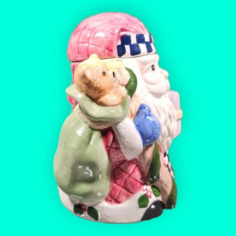 World Bazaars Holiday Collection Santa Claus Ceramic Snack Jar Pink Quilted Box